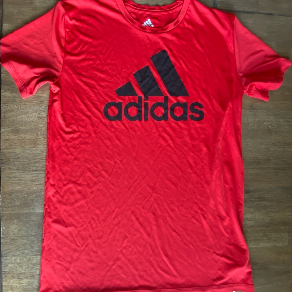 Boys Adidas Red Short Sleeve Shirt With Black Logo.  Size XL.  Used